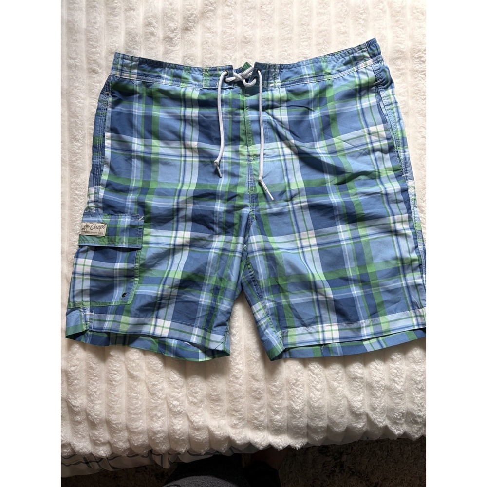 Chaps Mens XL Blue Green‎ Plaid Swim Trunks Cargo Pocket Mesh Lined Board Shorts